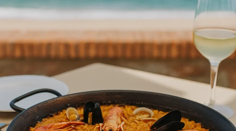 Imagen de una paella de marisco tradicional servida en la paellera, sobre una mesa en una terraza costera en Barcelona. Texto superpuesto: “Mejor paella en Barcelona – Evita trampas turísticas”.